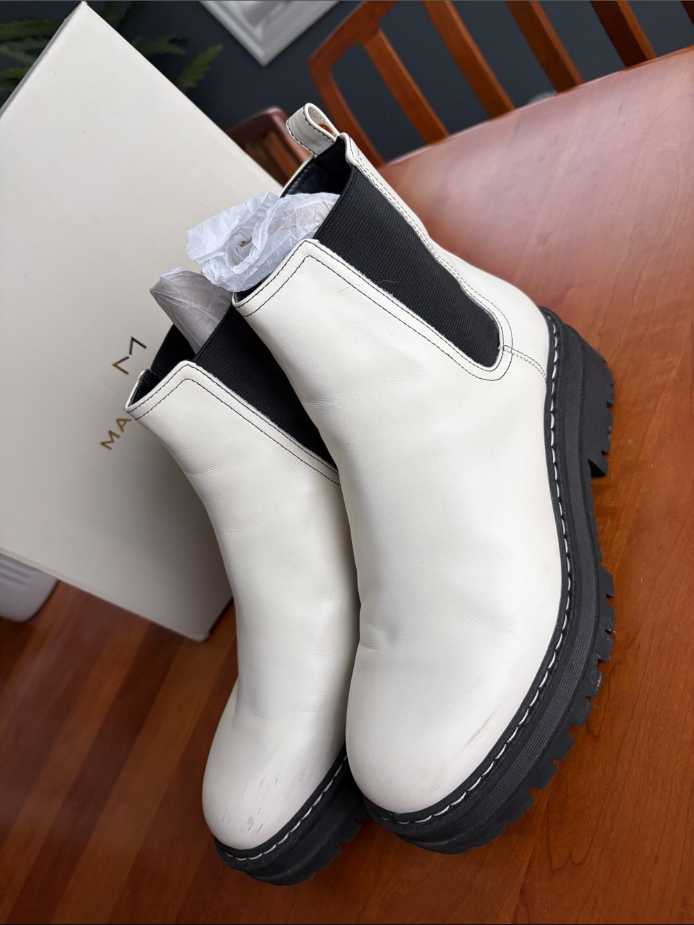 Marc Fisher White Leather Chelsea Lug Boots with Black Elastic
